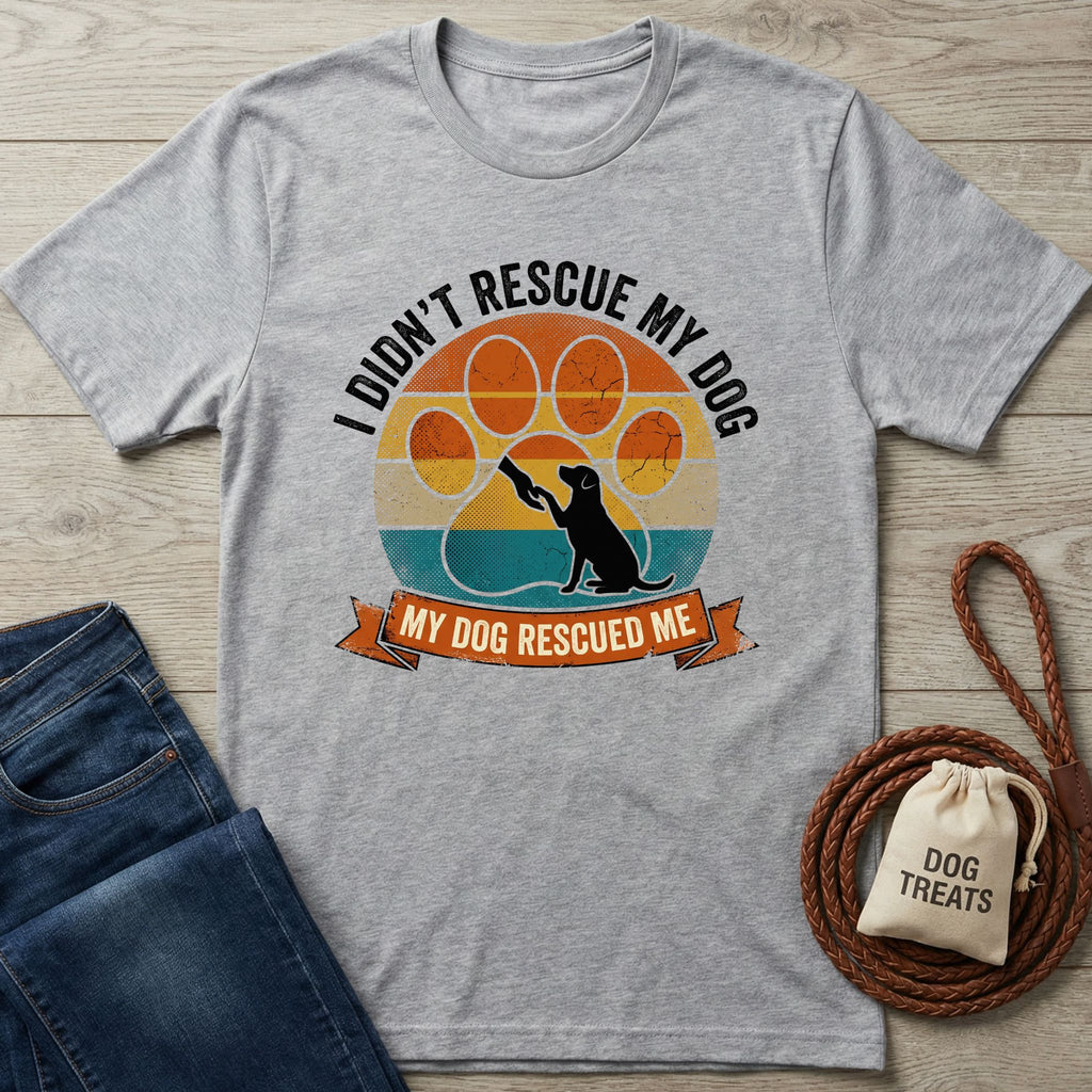 Heather grey Gildan Softstyle® 64000 t-shirt with "My Dog Rescued Me" graphic and a black dog silhouette.