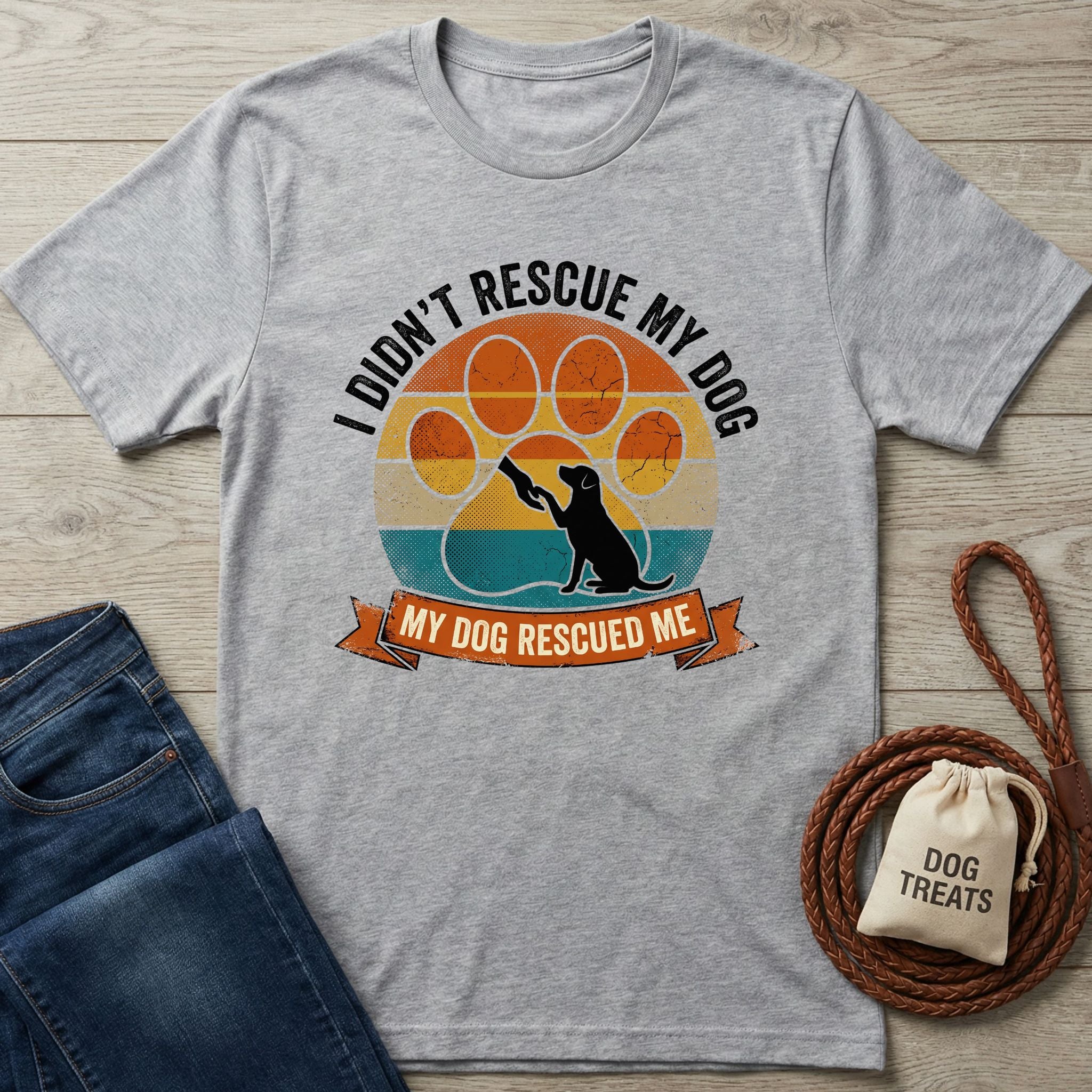 Heather grey Gildan Softstyle® 64000 t-shirt with "My Dog Rescued Me" graphic and a black dog silhouette.