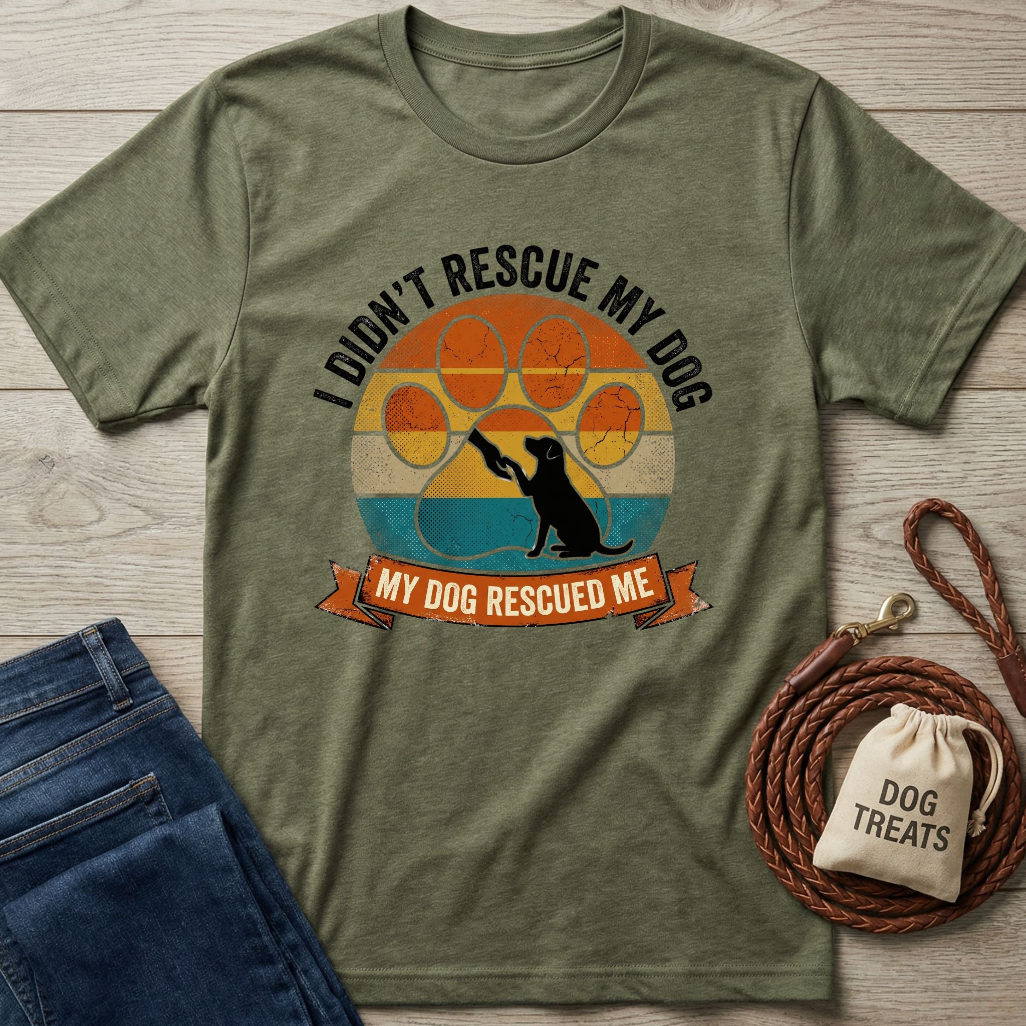 Olive green "My Dog Rescued Me" t-shirt with a vintage sunset graphic and dog silhouette.