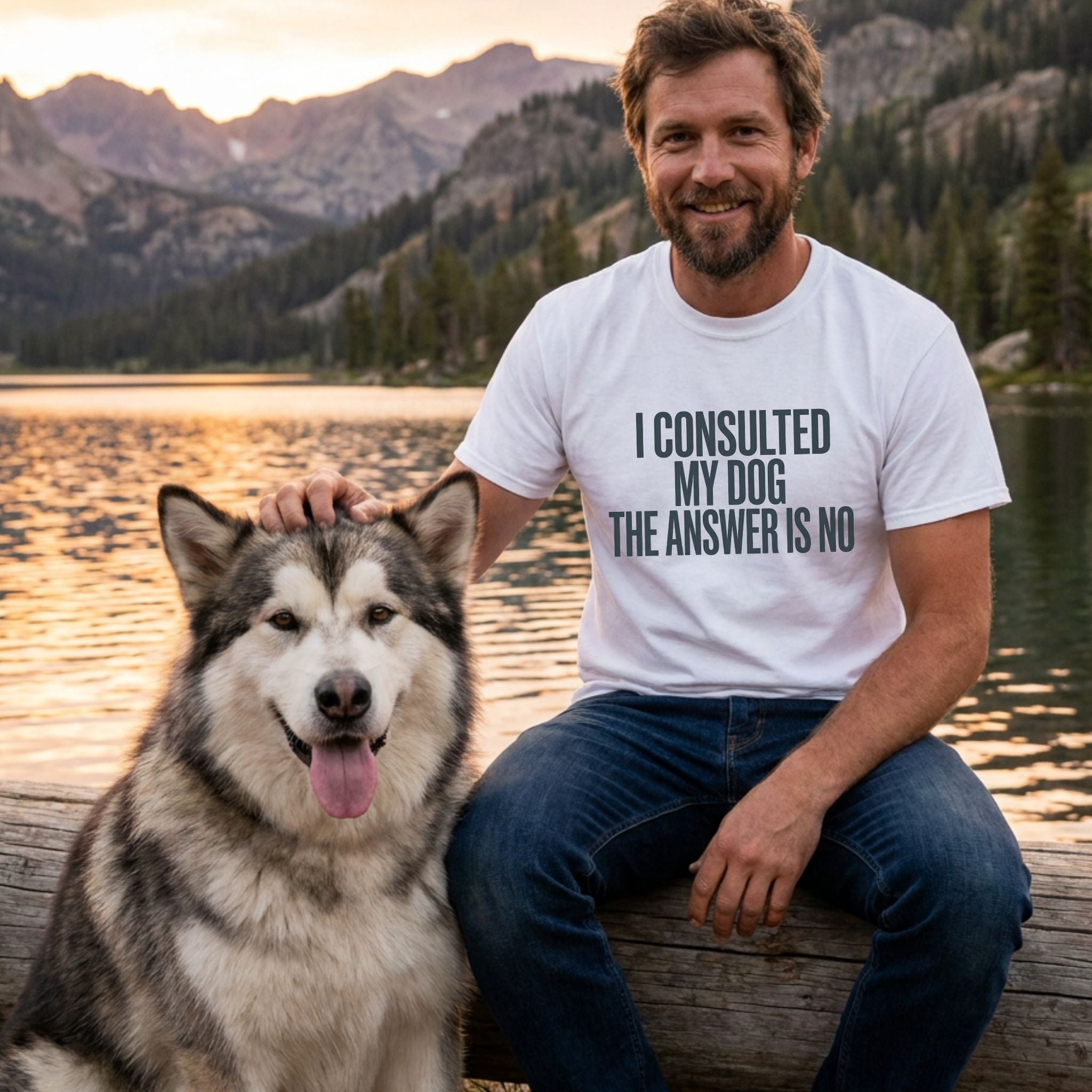 Man in white "My Dog Said No" Gildan Softstyle tee petting a Malamute by a lake at sunset.