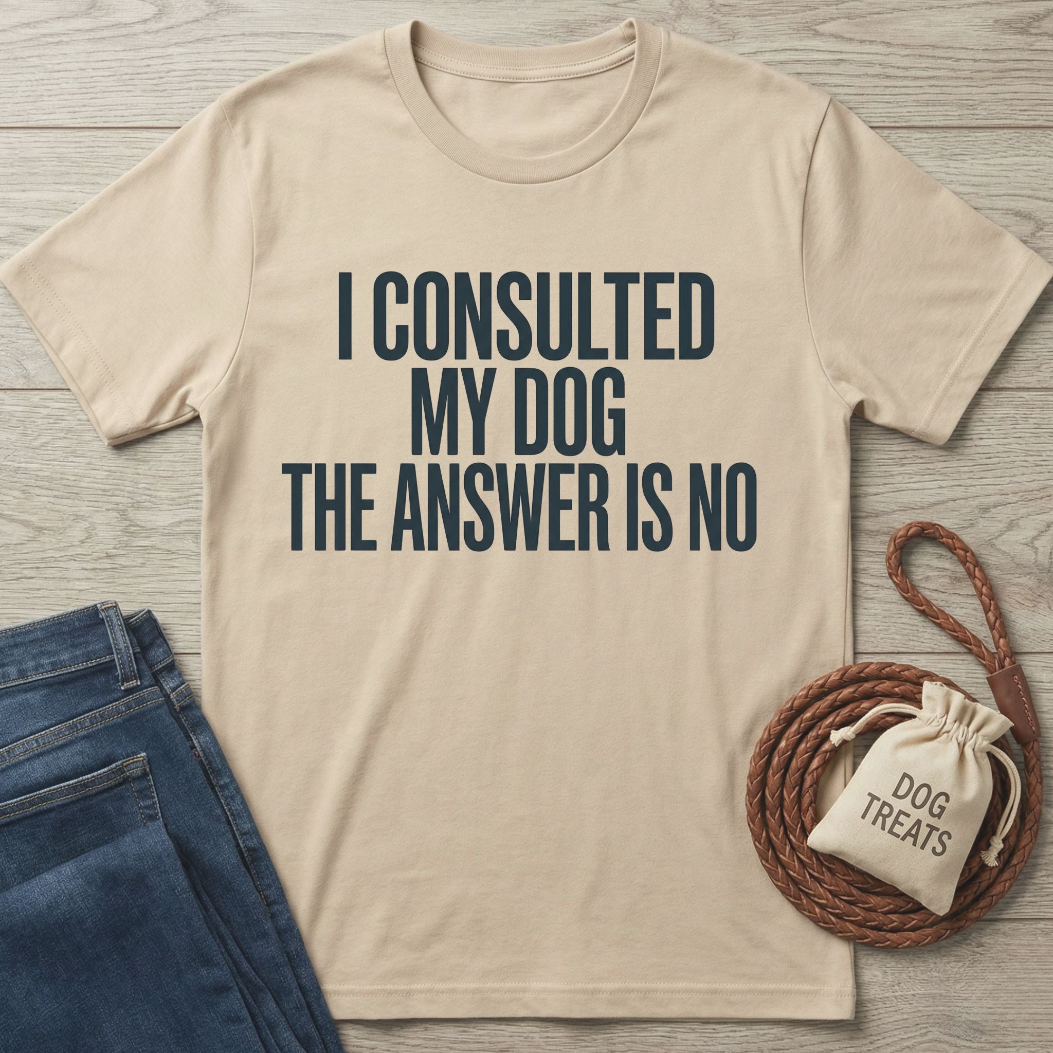 My Dog Said No T-Shirt, a beige Gildan Softstyle® 64000 tee with dark text, beside jeans and a dog treat bag.