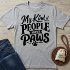 Grey crewneck t-shirt featuring black My Kind of People Have Paws typography and a dog paw print design.