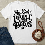 White crewneck t-shirt with black My Kind of People Have Paws typography and a paw print graphic.