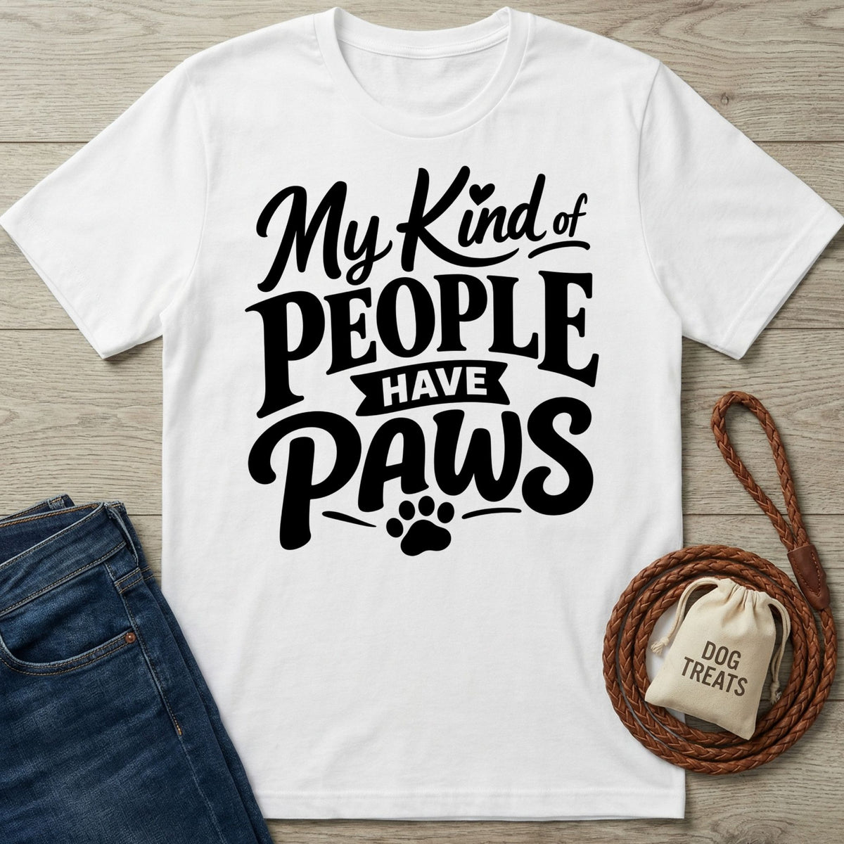 White crewneck t-shirt with black My Kind of People Have Paws typography and a paw print graphic.