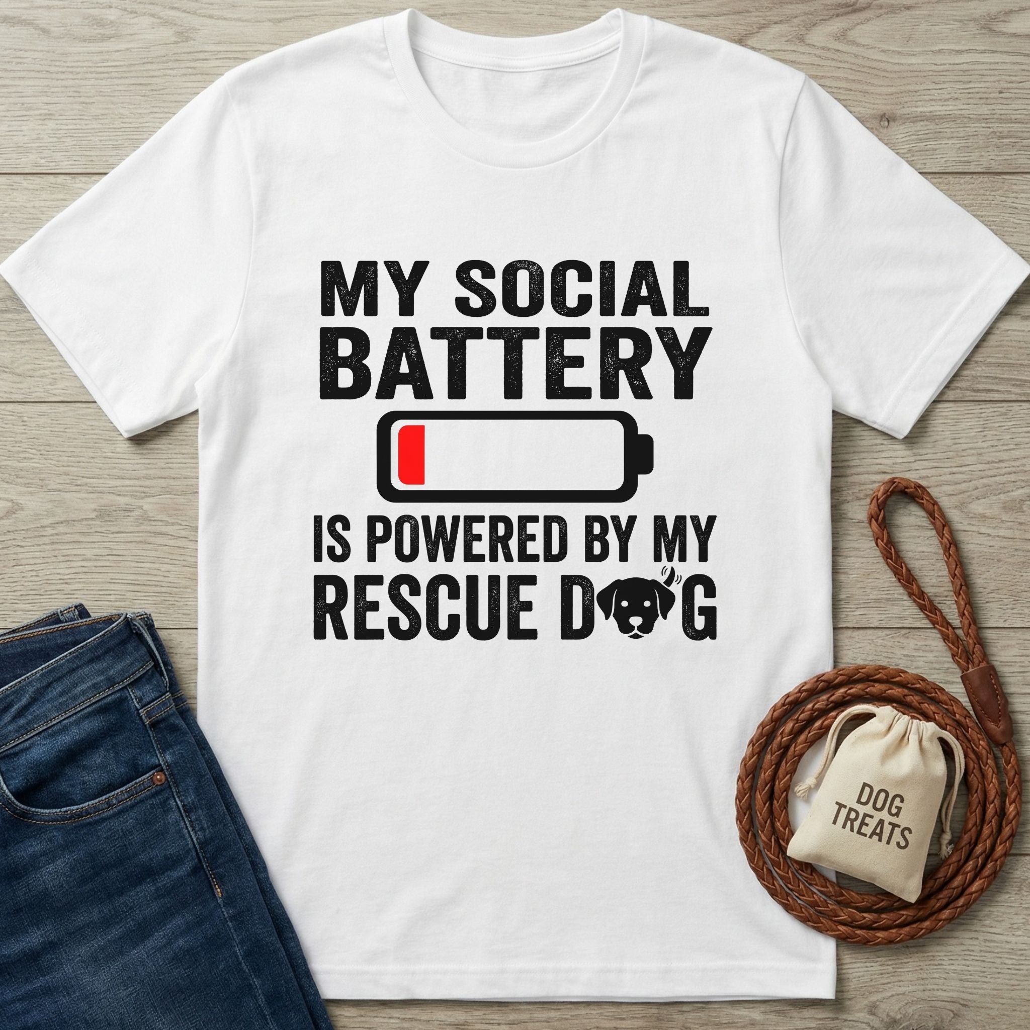 White Gildan Softstyle® 64000 t-shirt with "MY SOCIAL BATTERY IS POWERED BY MY RESCUE DOG" graphic.
