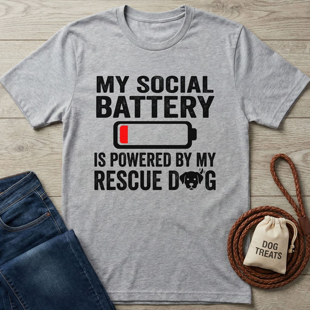 Light grey Gildan Softstyle t-shirt with "My Social Battery is Powered by My Rescue Dog" graphic.