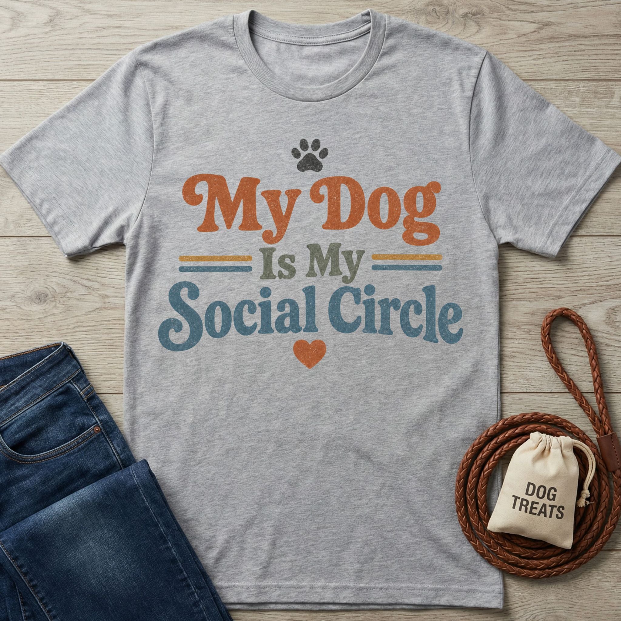 Grey crewneck t-shirt featuring My Dog Is My Social Circle text in retro orange and blue with a paw print and heart.