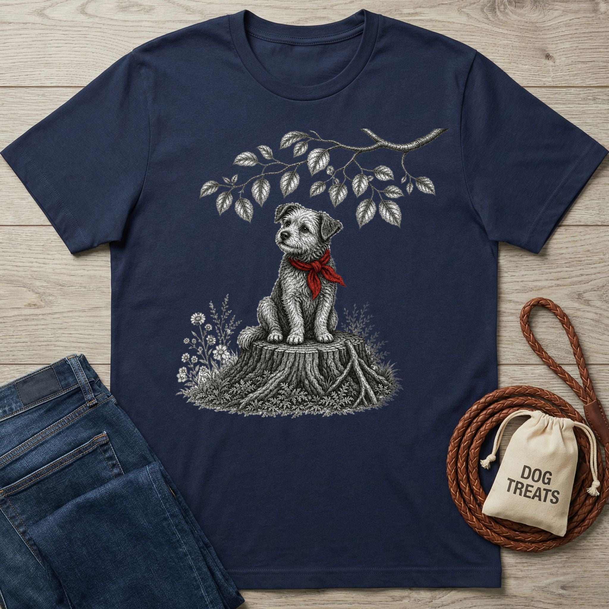 Navy blue cotton t-shirt featuring a detailed illustration of a scruffy dog in a red bandana sitting on a tree stump.