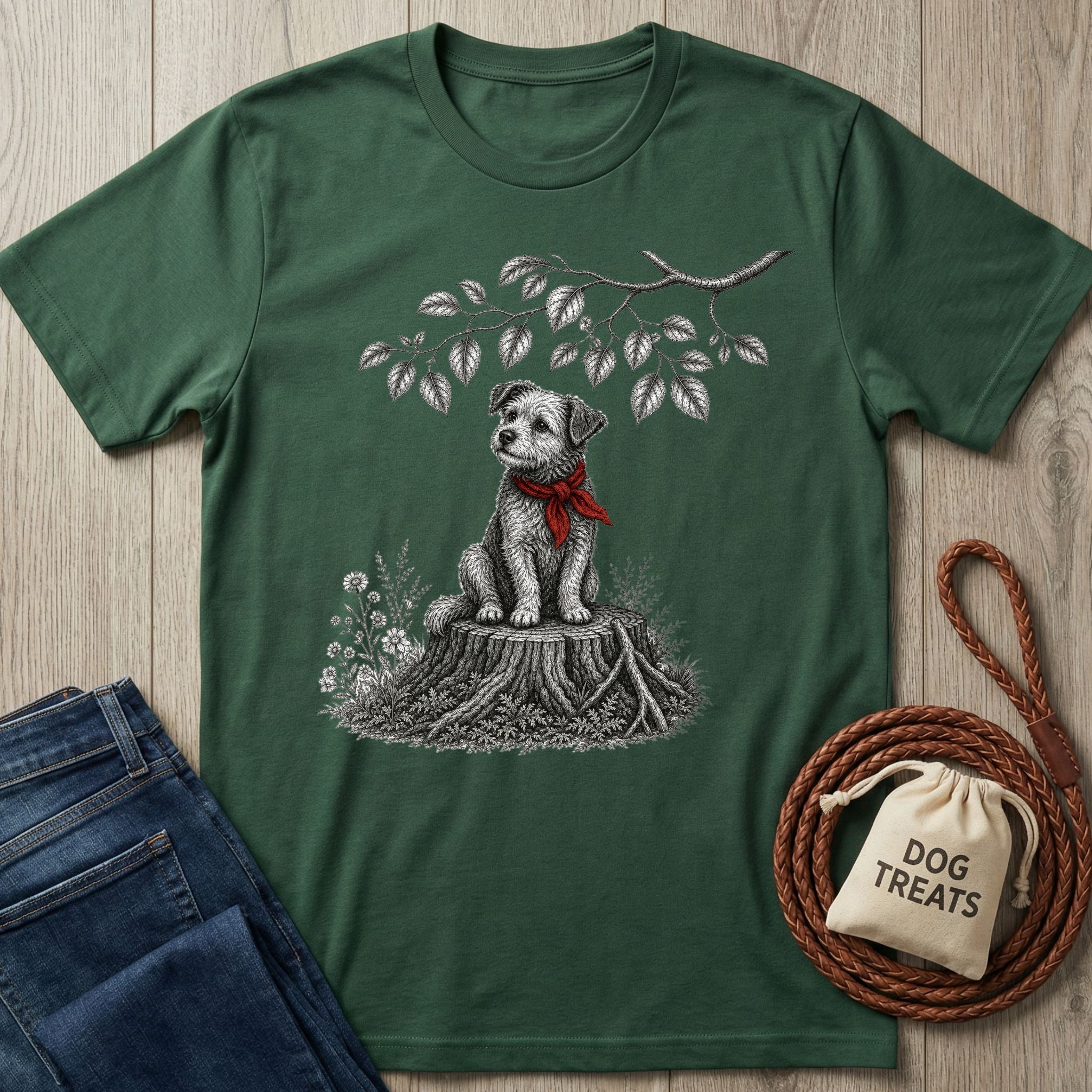 Forest green cotton t-shirt featuring a scruffy dog in a red bandana sitting on a tree stump illustration.