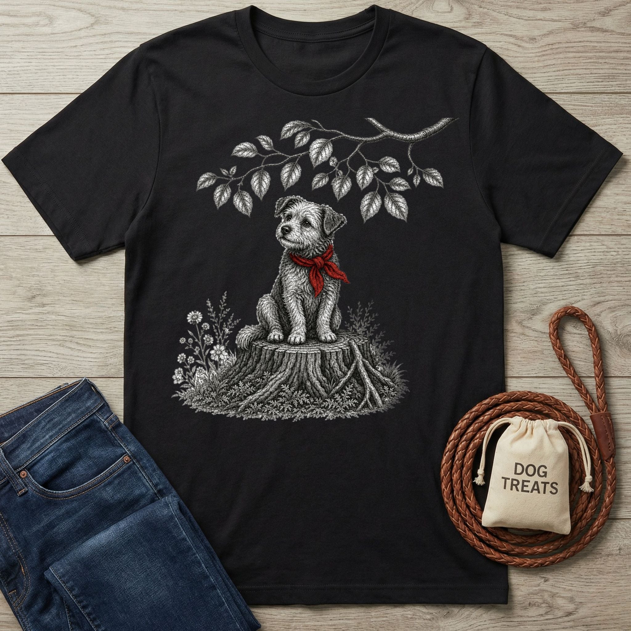 Black cotton t-shirt featuring a scruffy dog in a red bandana sitting on a tree stump illustration.