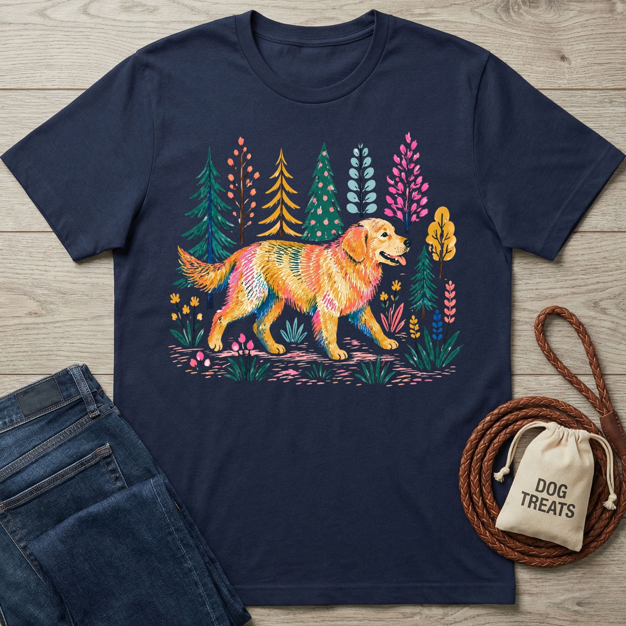 Navy blue Gildan Softstyle® t-shirt with a colorful graphic of a golden retriever walking through a forest.