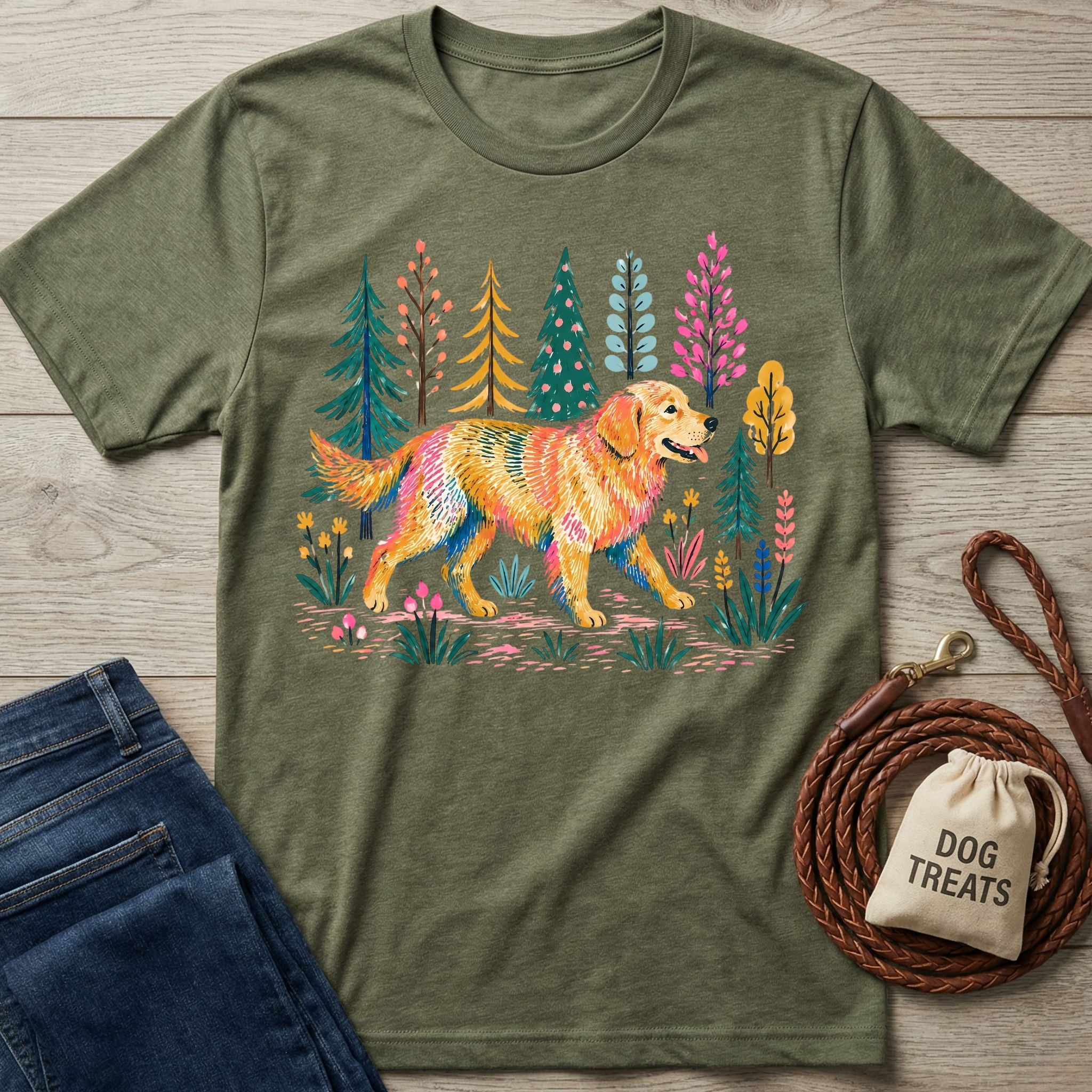 Nature's Golden T-Shirt: Olive green Gildan Softstyle tee with a colorful graphic of a golden retriever walking through a forest.