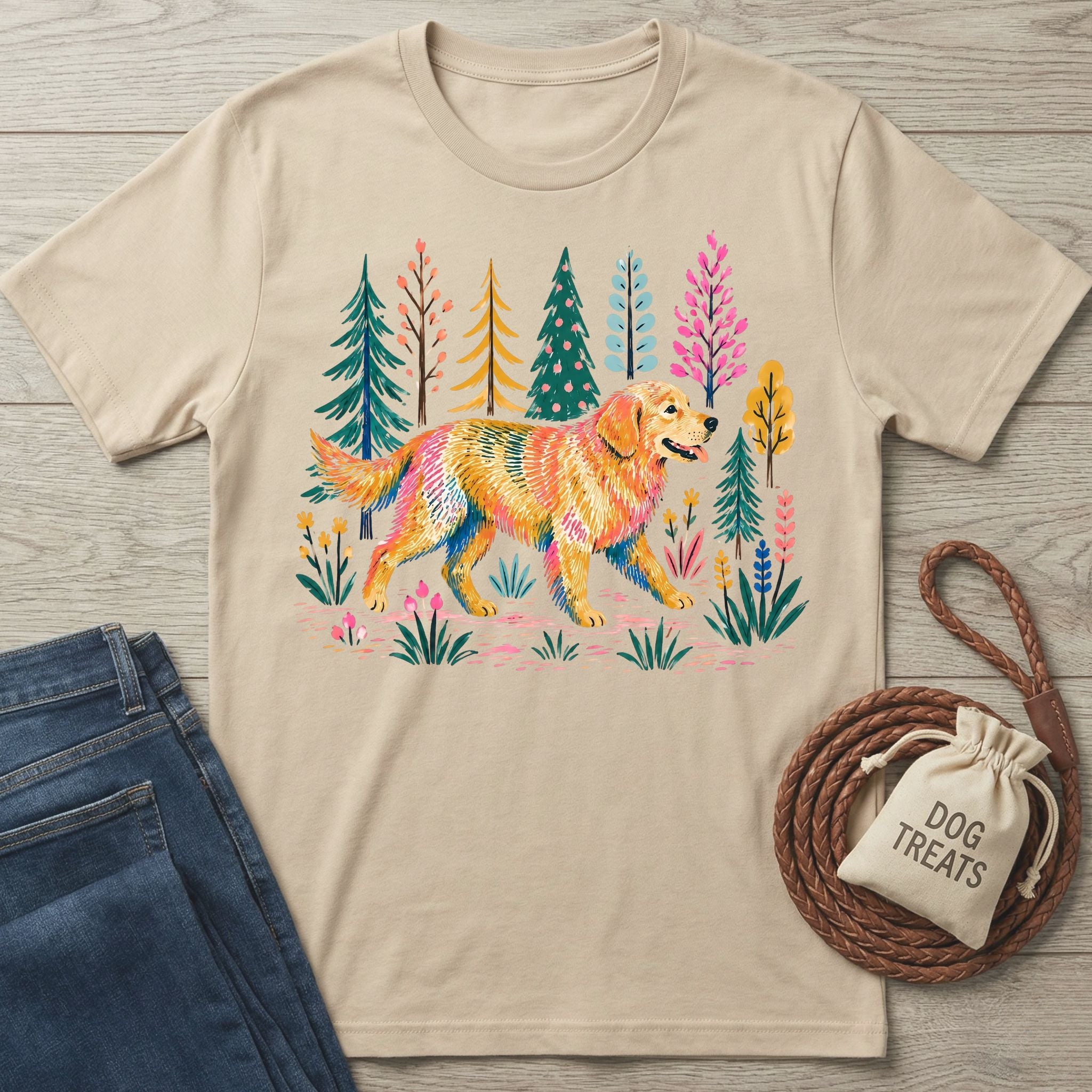 Nature's Golden T-Shirt: beige Gildan Softstyle tee with a colorful graphic of a golden retriever in a forest.