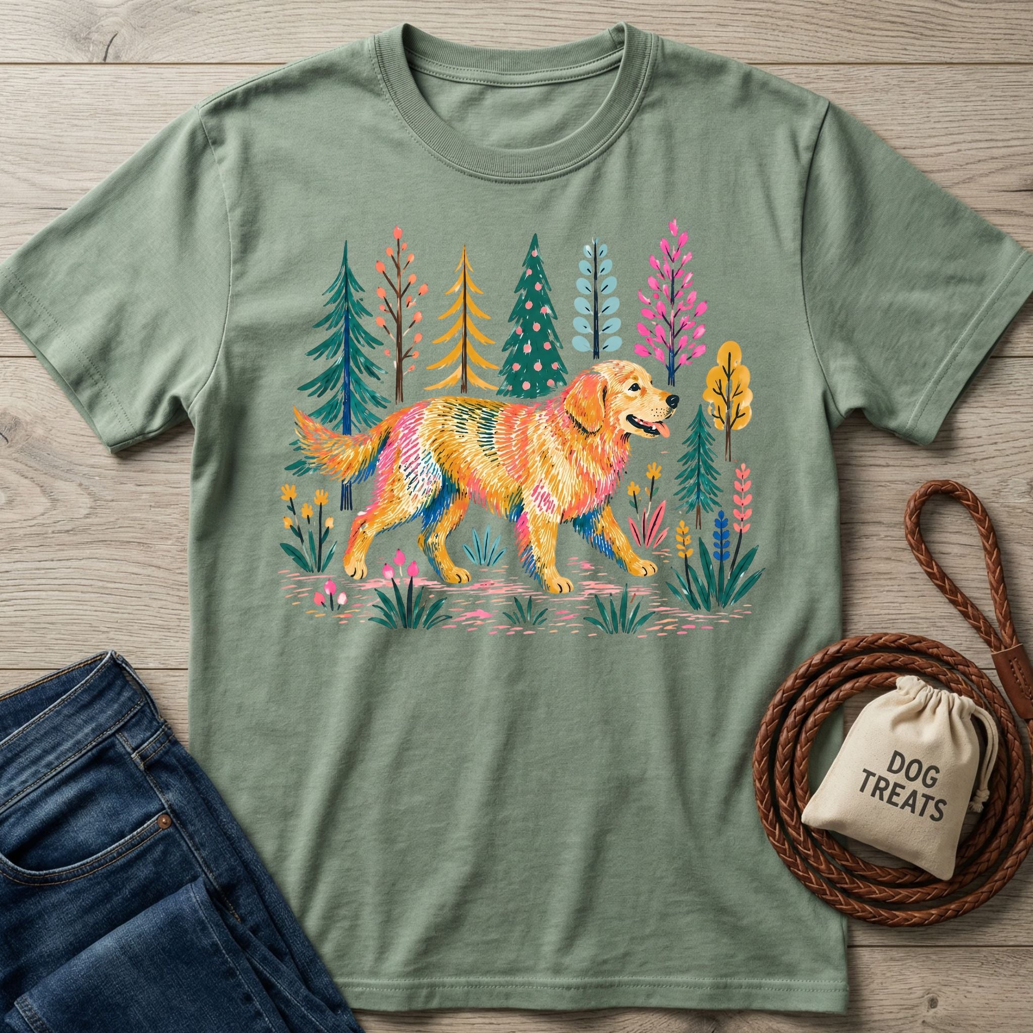 Nature's Golden T-Shirt: Sage green Gildan Softstyle tee with a colorful graphic of a golden retriever in a forest.