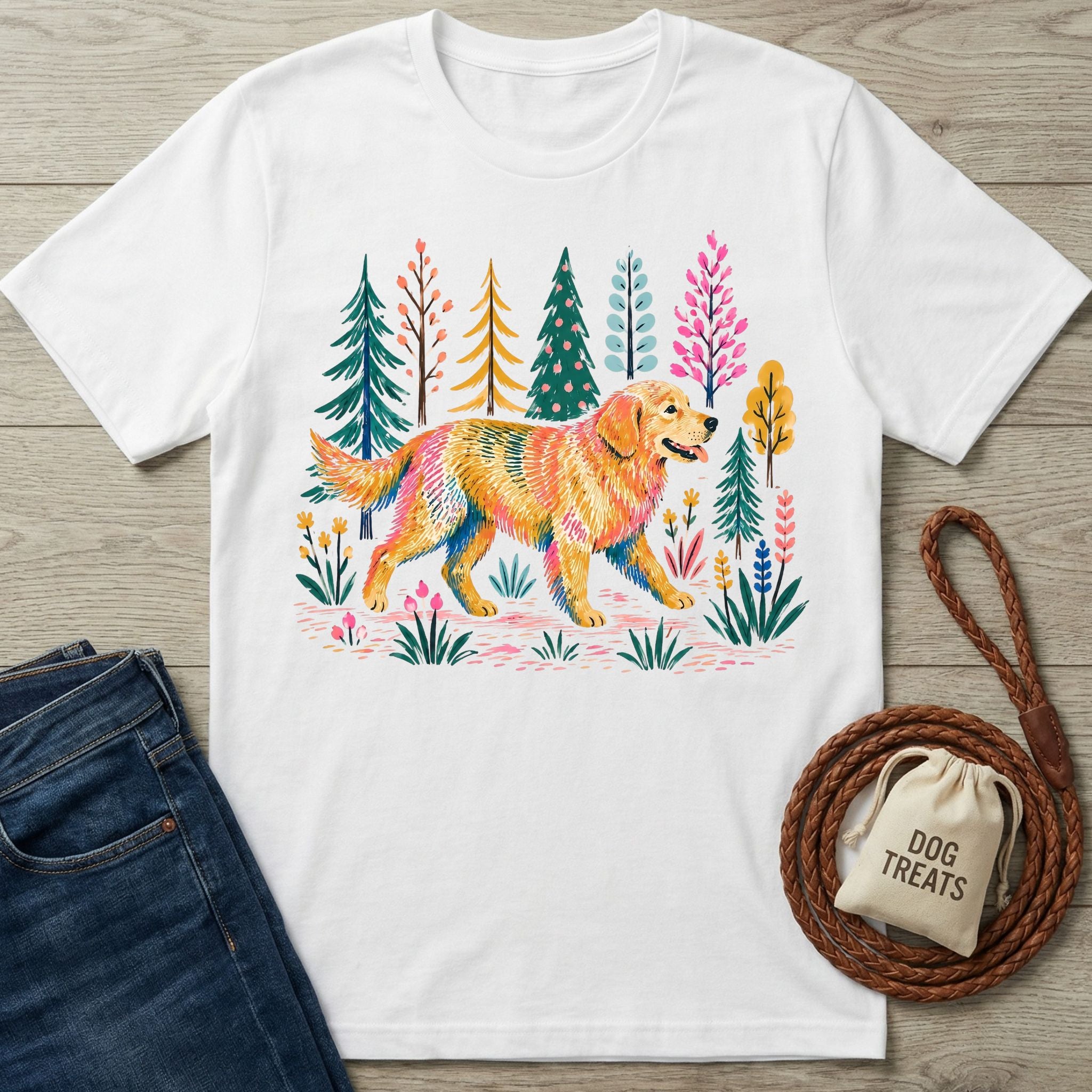 White Gildan Softstyle® t-shirt with a colorful graphic of a golden retriever walking through a vibrant forest.