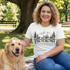 Woman wearing a white crewneck t-shirt featuring a mountain, forest, and dog reflection graphic, sitting outdoors with a dog.
