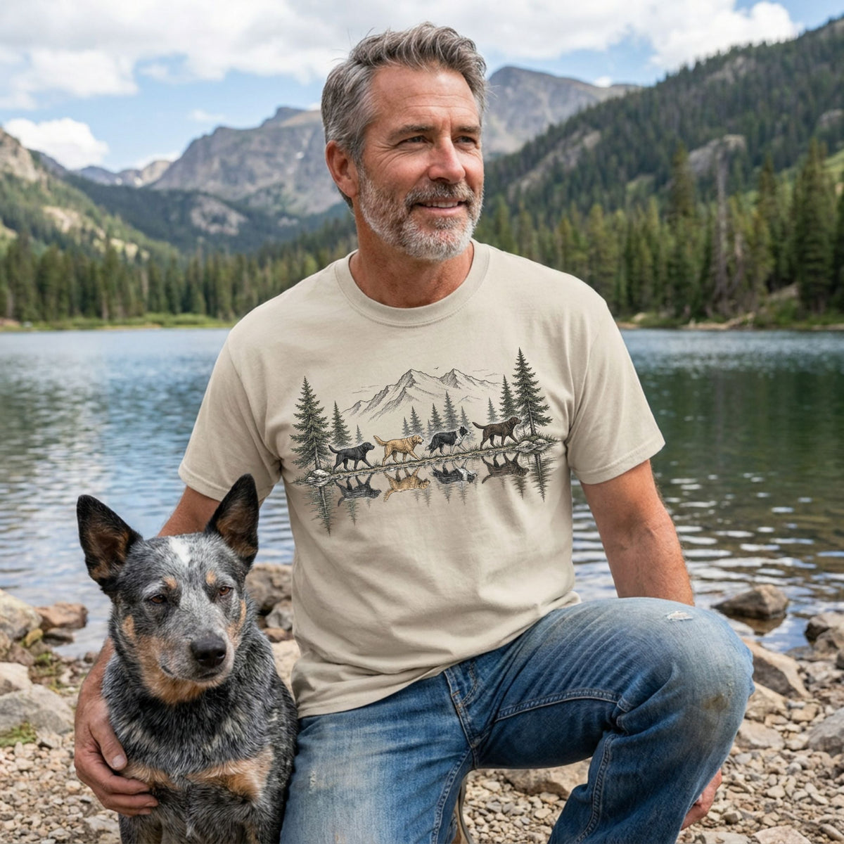 Beige crewneck t-shirt featuring a mountain and dog reflection graphic, worn by a man with a dog by a lake.