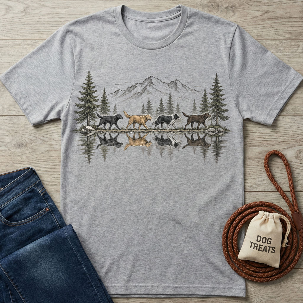 Grey crewneck t-shirt featuring a mountain, pine tree, and dog reflection graphic.