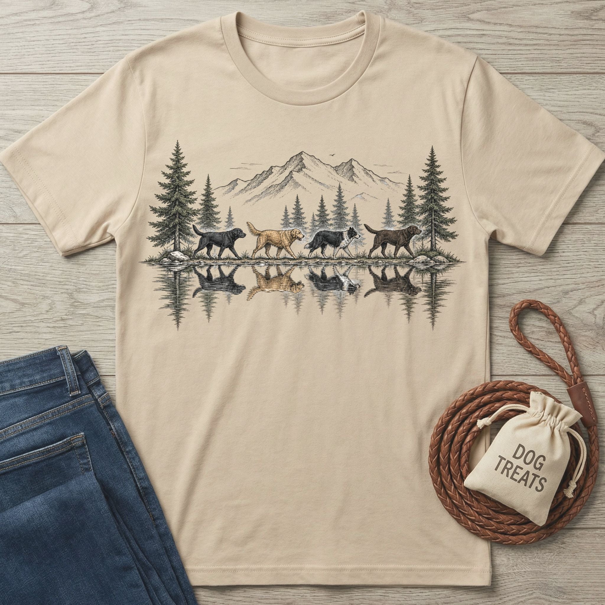 Beige crewneck t-shirt featuring a mountain landscape illustration with dogs walking along a reflective lake shore.