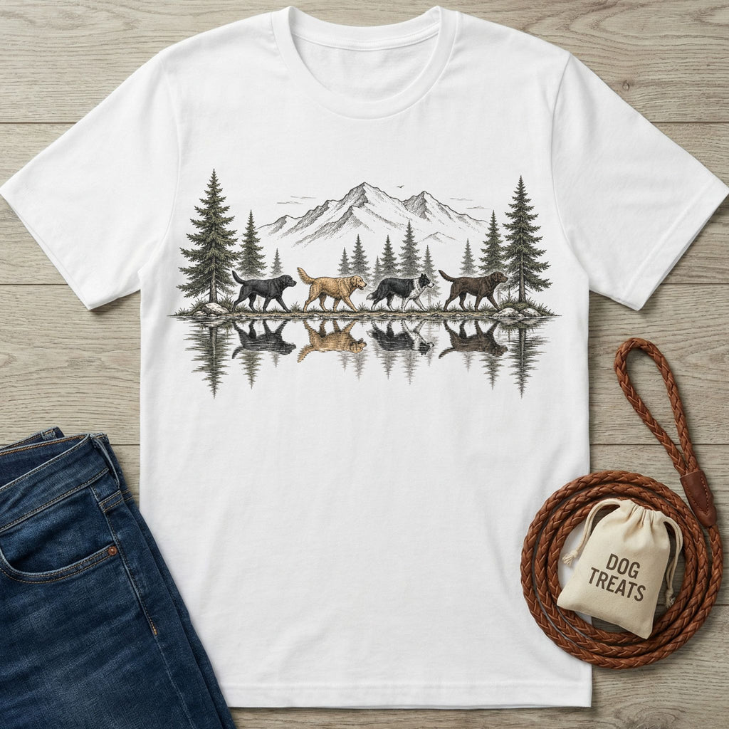White cotton t-shirt featuring a graphic of four dogs walking along a mountain lake with a scenic reflection.