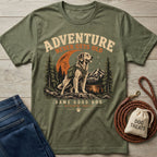 Olive green hiking t-shirt featuring a golden retriever graphic, mountain landscape, and the text Adventure Never Gets Old.