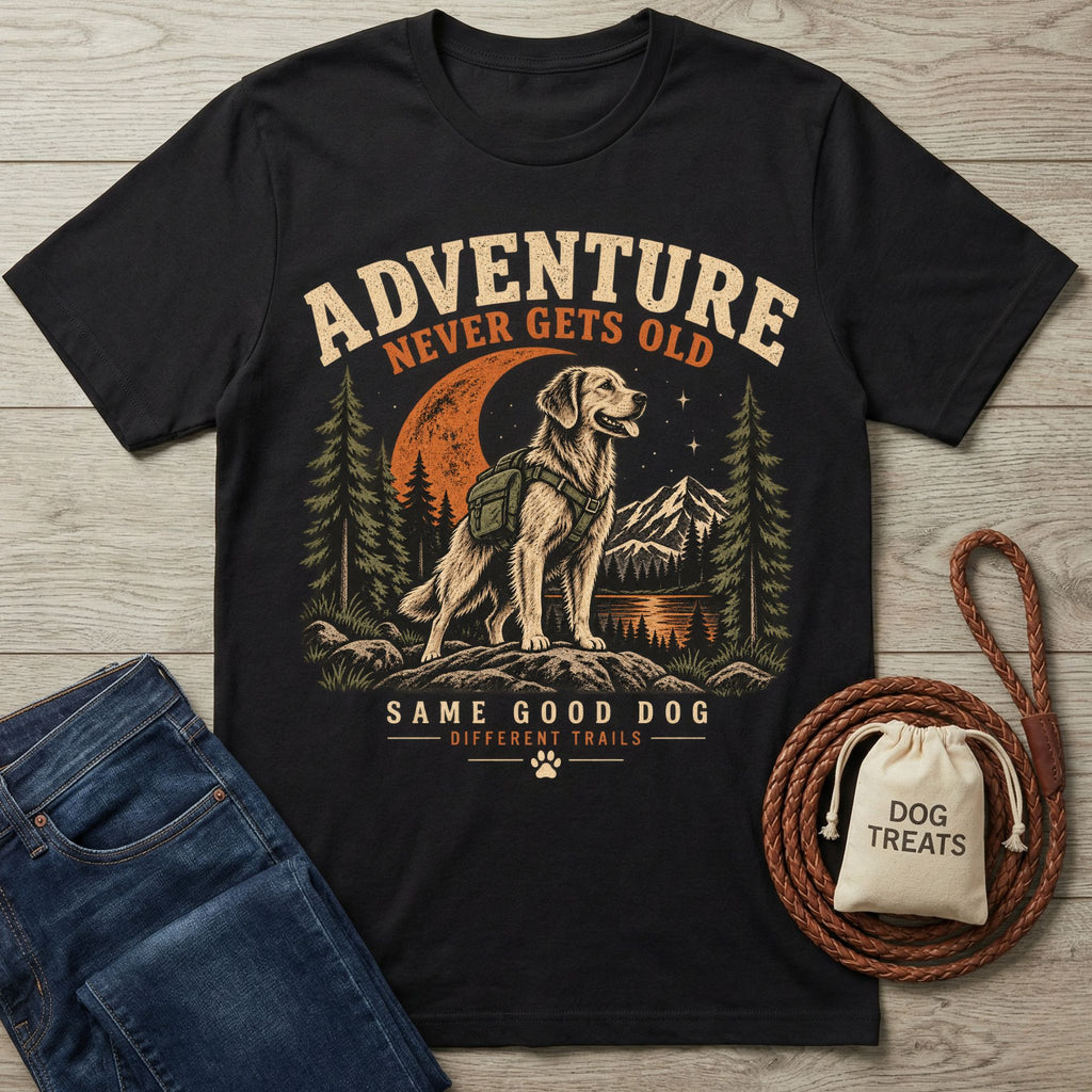 Black crewneck t-shirt featuring a golden retriever hiking graphic with mountains, trees, and the text Adventure Never Gets Old.