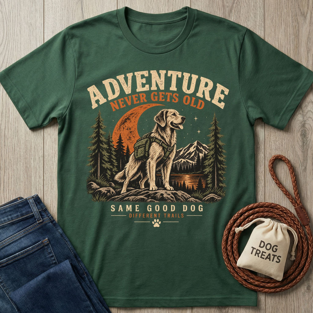 Forest green crewneck t-shirt featuring a vintage-style graphic of a hiking dog with mountains and a crescent moon.