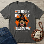 Charcoal gray cotton T-shirt featuring a dog in a witch hat with orange Halloween graphics and the text It's Never Too Early For Howloween.