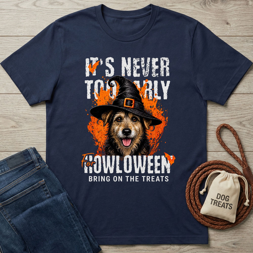 Navy blue cotton t-shirt featuring a dog in a witch hat with orange Halloween graphics and the text It's Never Too Early.
