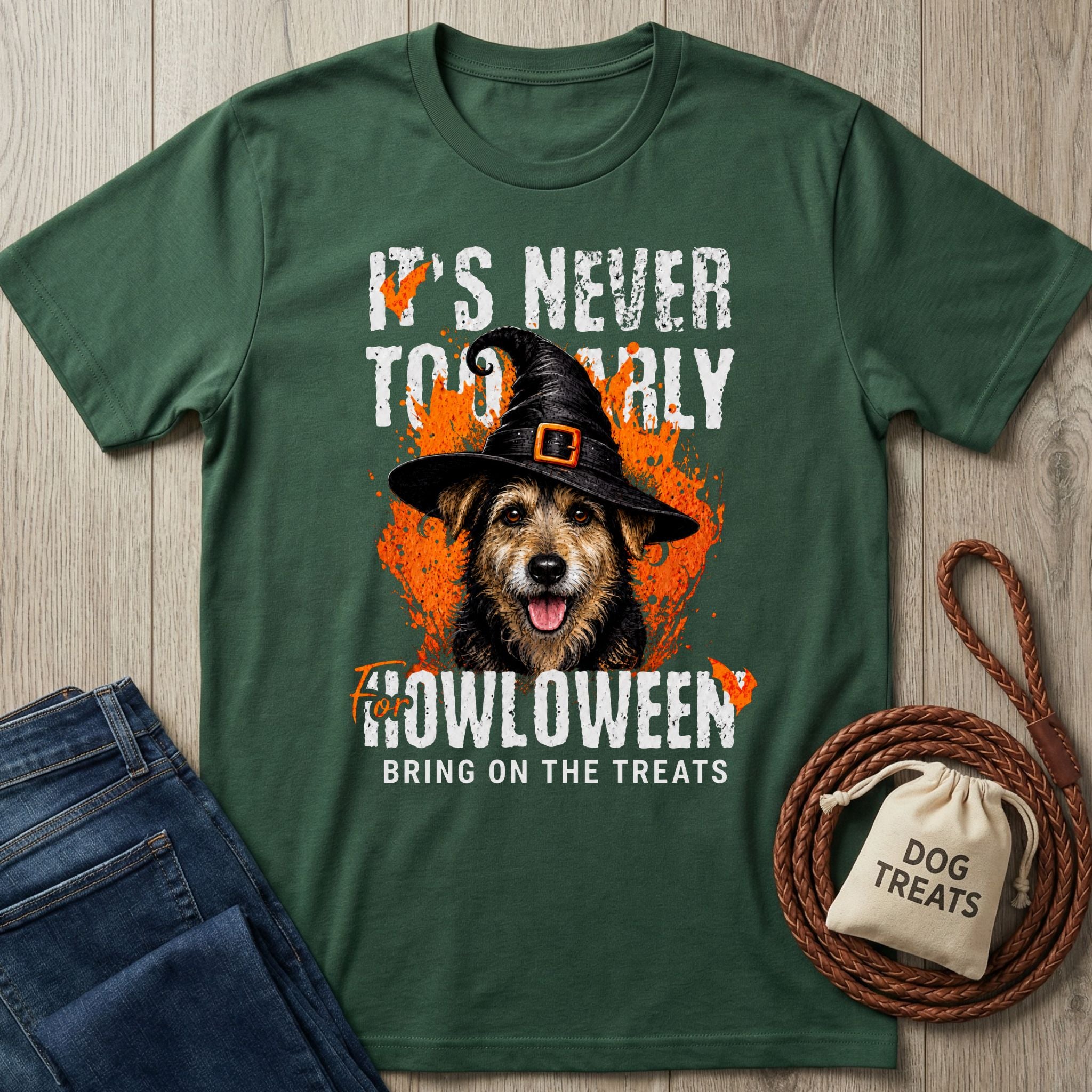 Forest green crewneck t-shirt featuring a dog in a witch hat with orange Halloween graphics and text.