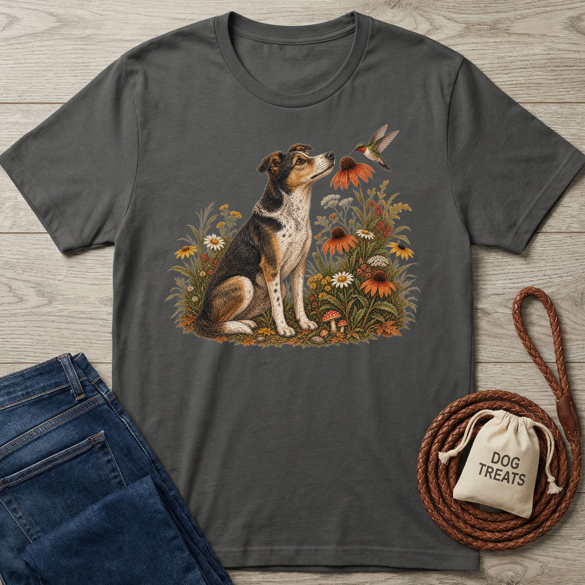 Charcoal grey cotton t-shirt featuring a dog and hummingbird in a floral garden illustration.