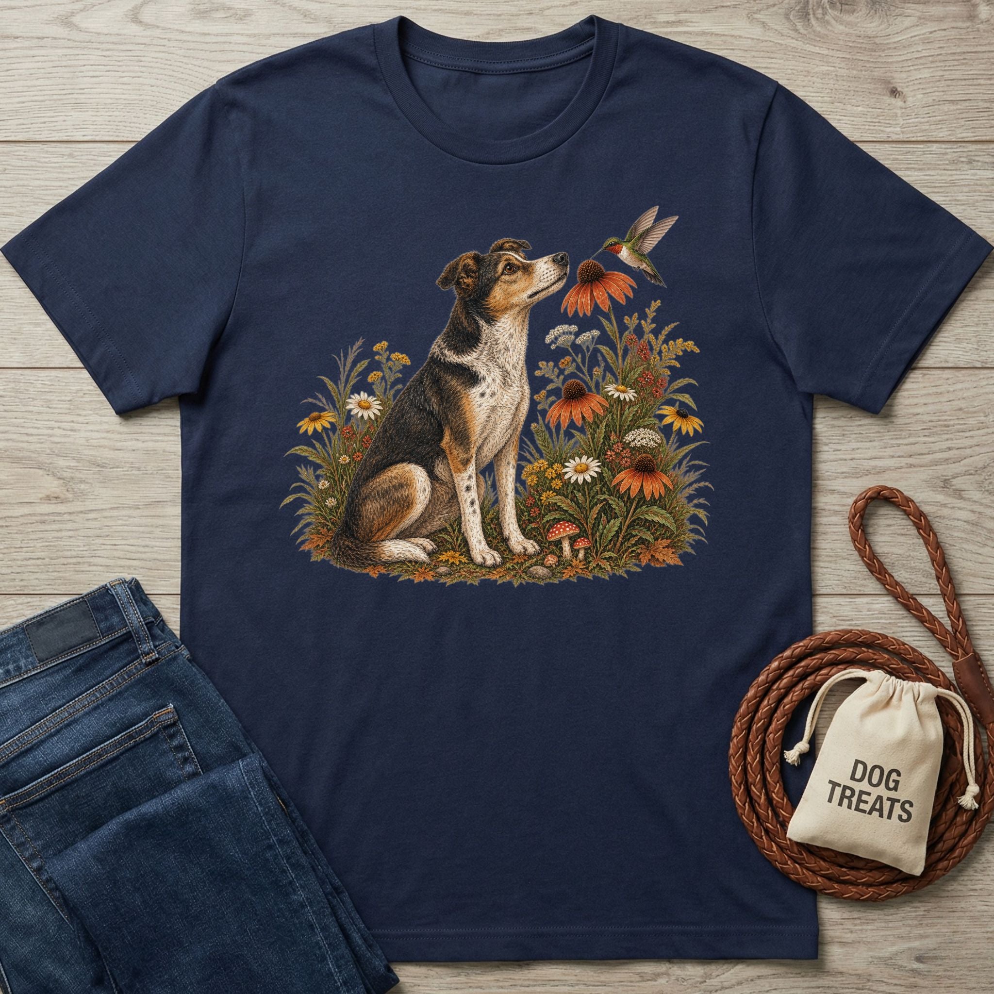Navy blue cotton t-shirt featuring a dog and hummingbird illustration in a garden, laid on a wooden surface with accessories.