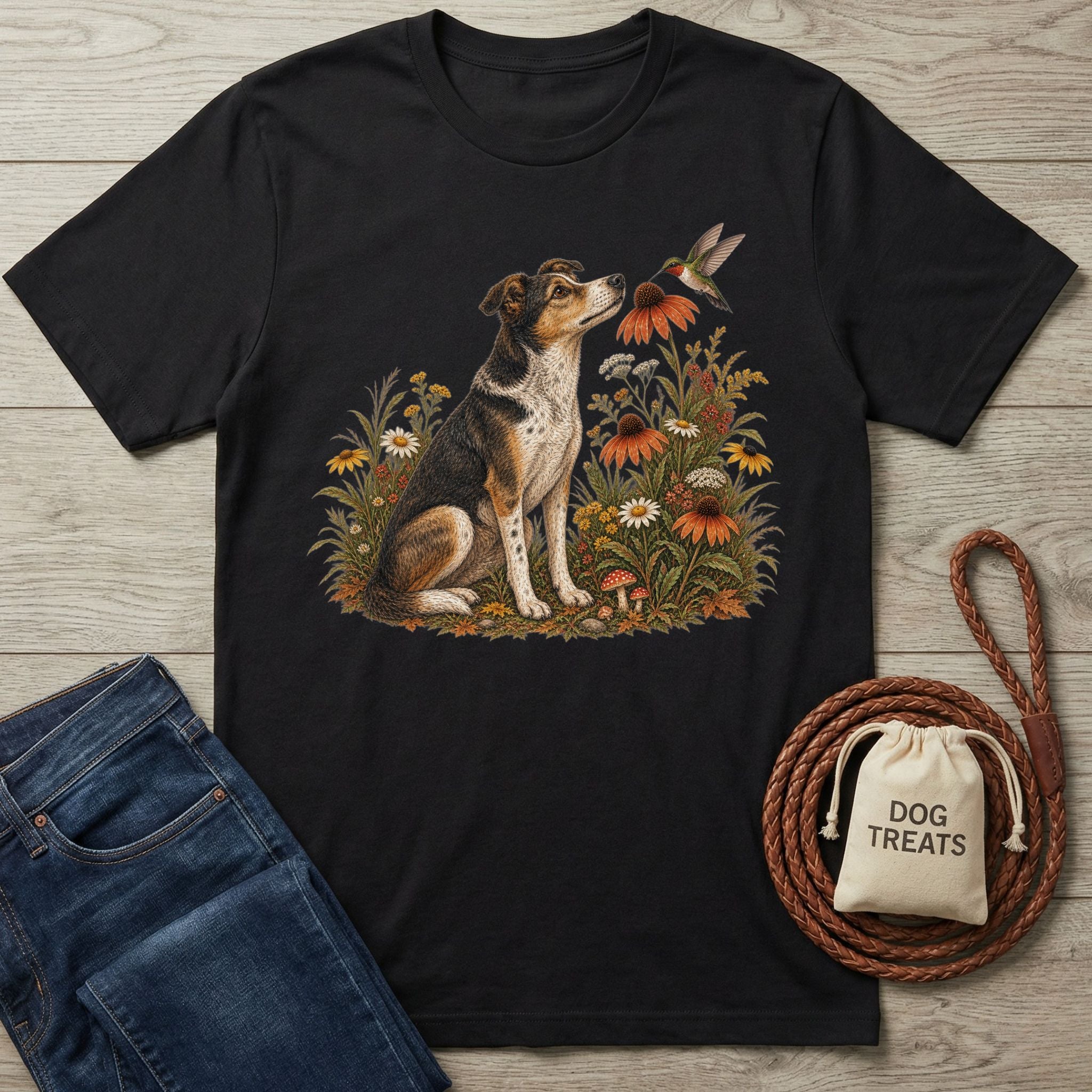 Black cotton t-shirt featuring a dog and hummingbird illustration in a garden, surrounded by wildflowers and mushrooms.