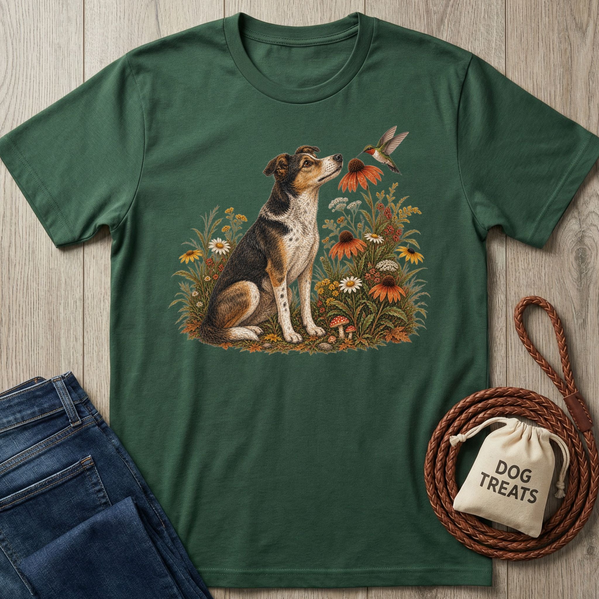 Forest green cotton t-shirt featuring a dog and hummingbird illustration surrounded by colorful wildflowers.