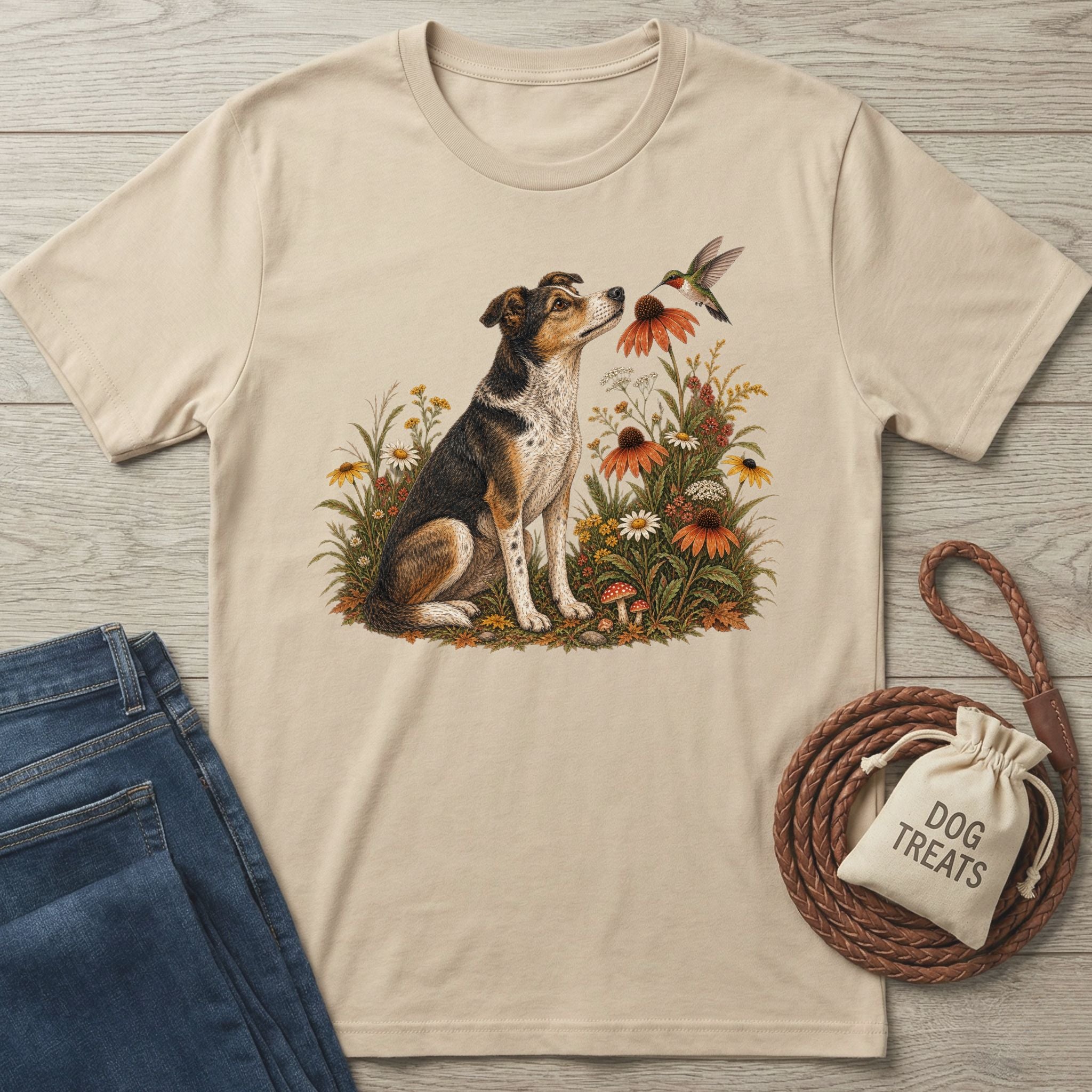 Beige crewneck t-shirt featuring a dog and hummingbird illustration in a garden, laid flat with jeans and a treat bag.