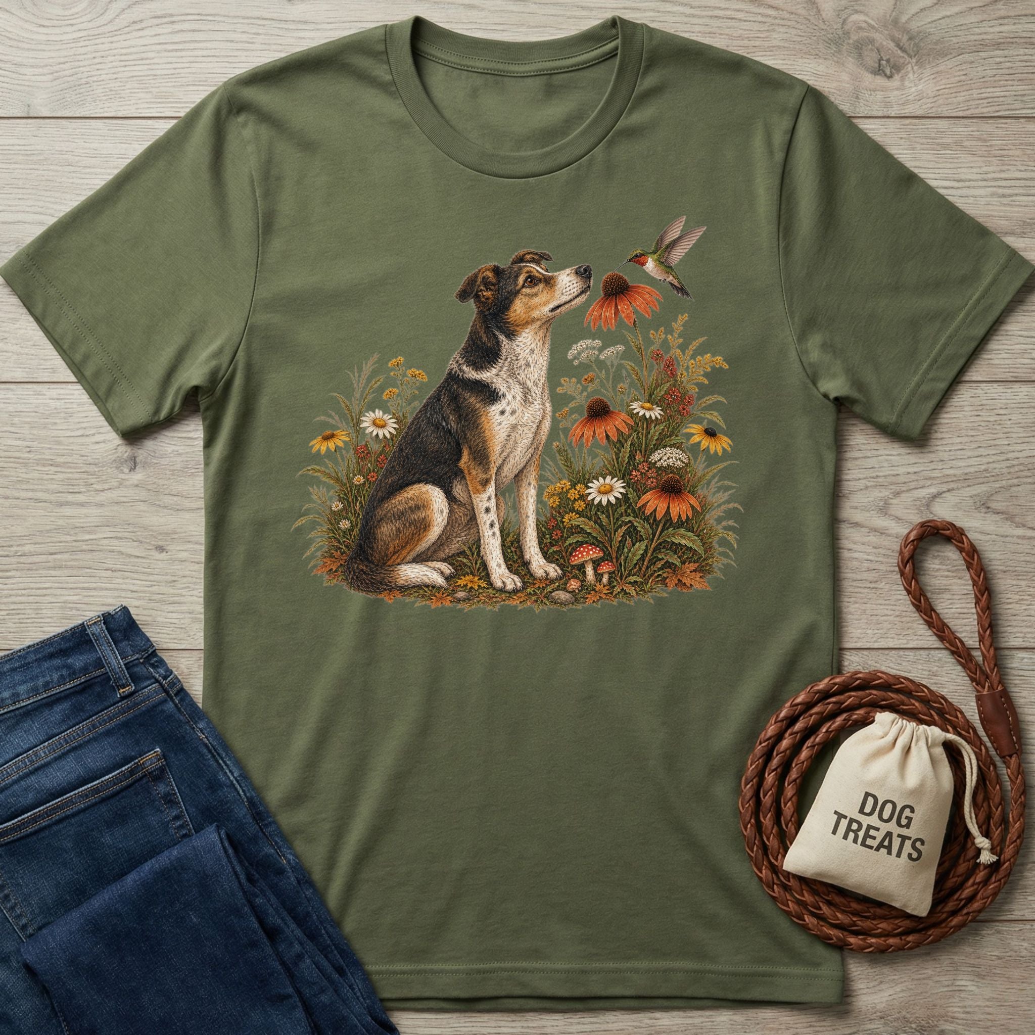 Olive green crewneck t-shirt featuring a dog and hummingbird illustration surrounded by colorful garden flowers.