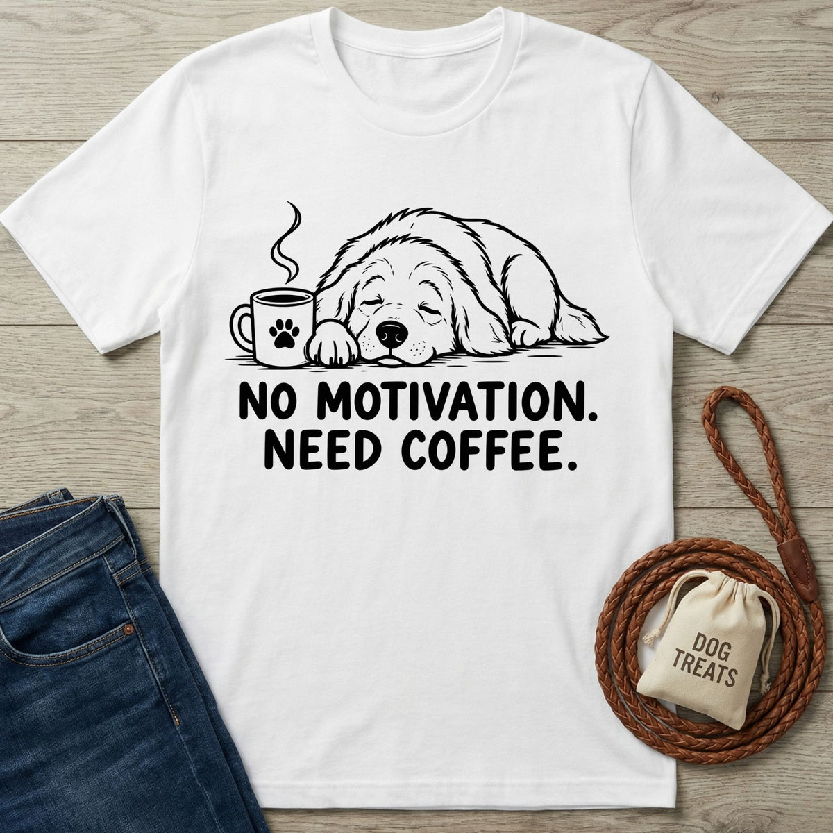 White crew neck t-shirt featuring a line drawing of a sleeping dog with a coffee mug and the text No Motivation Need Coffee.