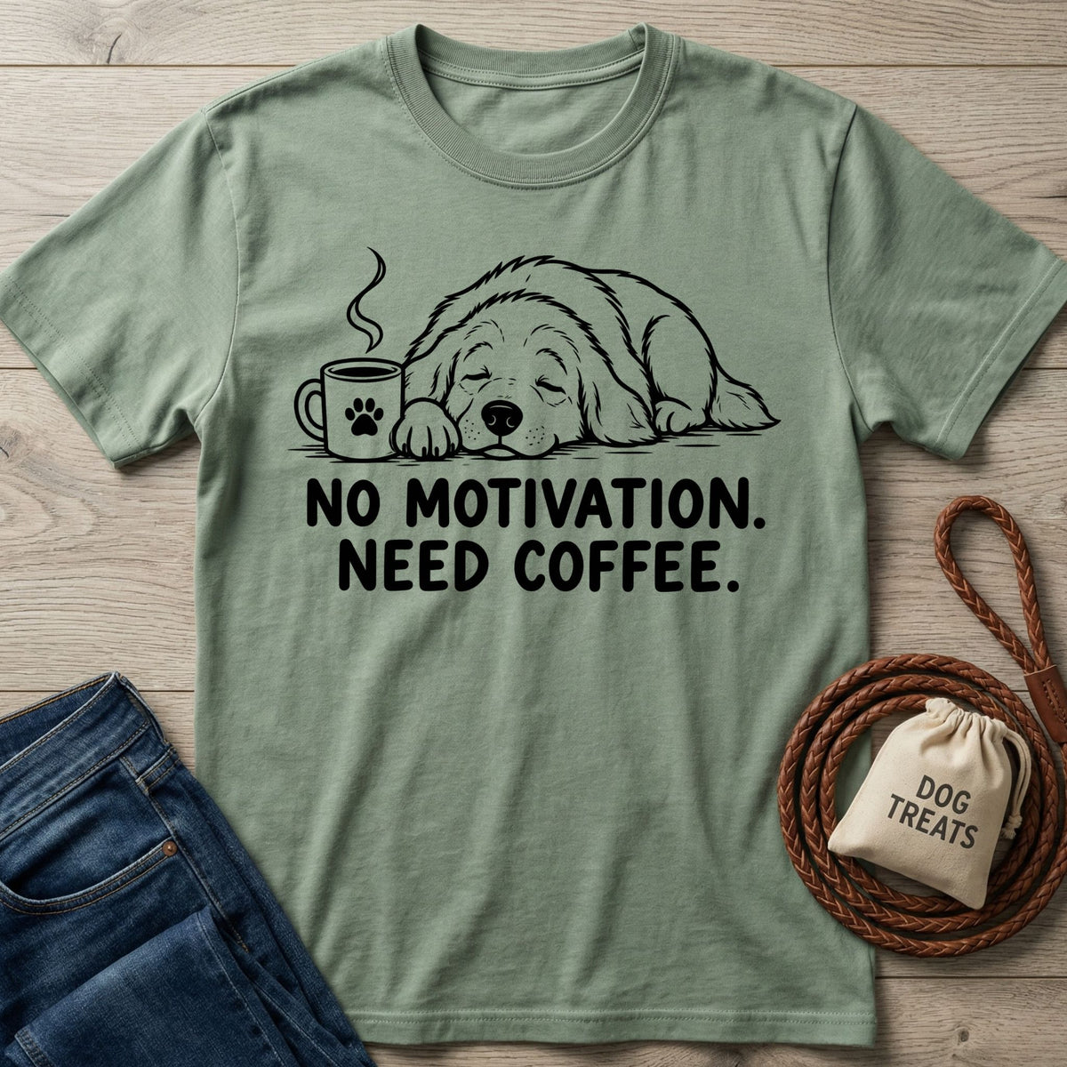 Sage green crewneck t-shirt featuring a line art illustration of a sleeping dog with a coffee cup and the text No Motivation Need Coffee.