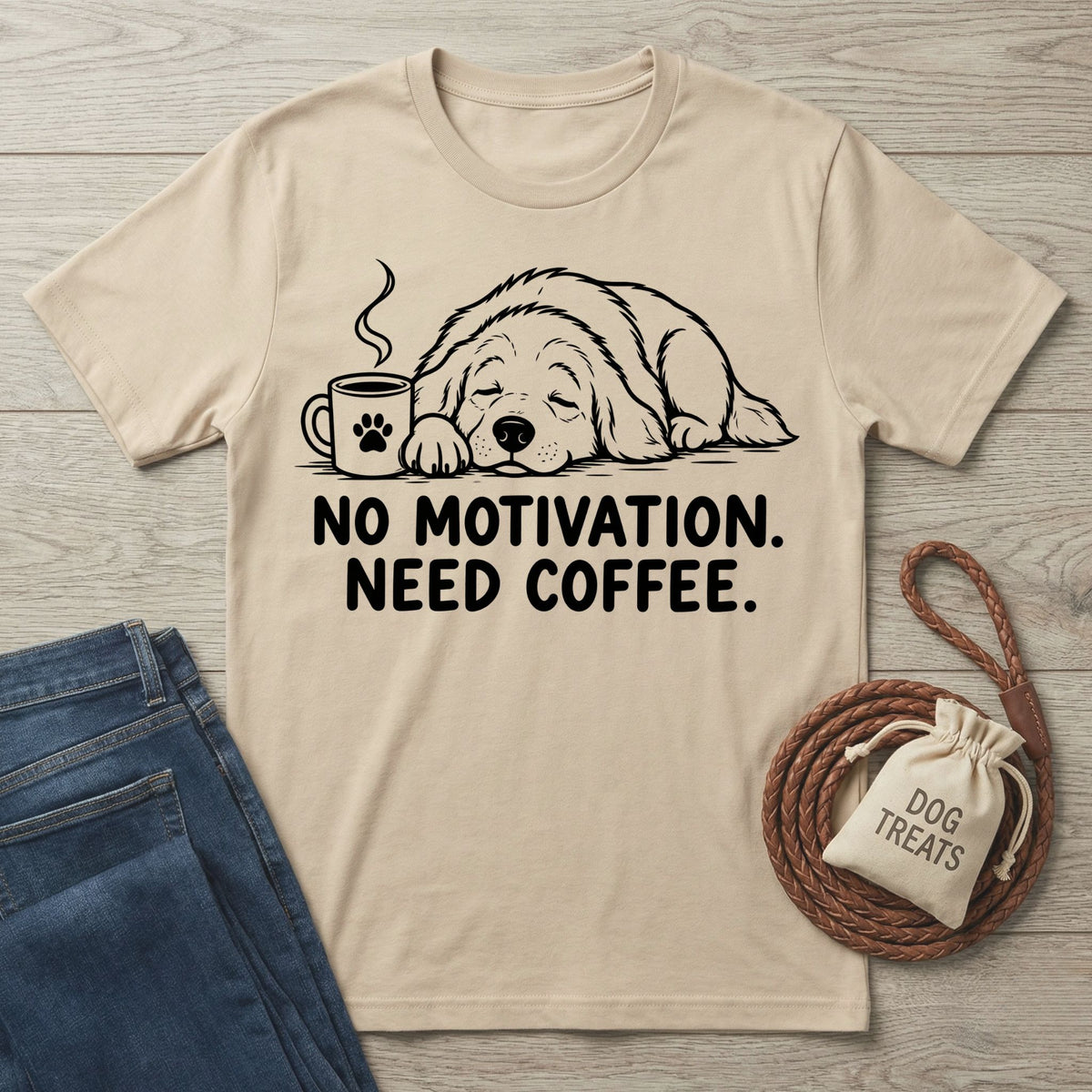 Beige crewneck t-shirt featuring a line art graphic of a sleeping dog with a coffee cup and the text No Motivation Need Coffee.