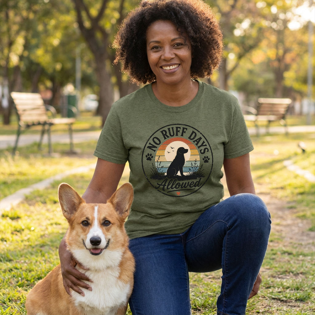 Woman wearing an olive green crewneck t-shirt with a retro sunset and dog silhouette graphic that reads No Ruff Days Allowed.