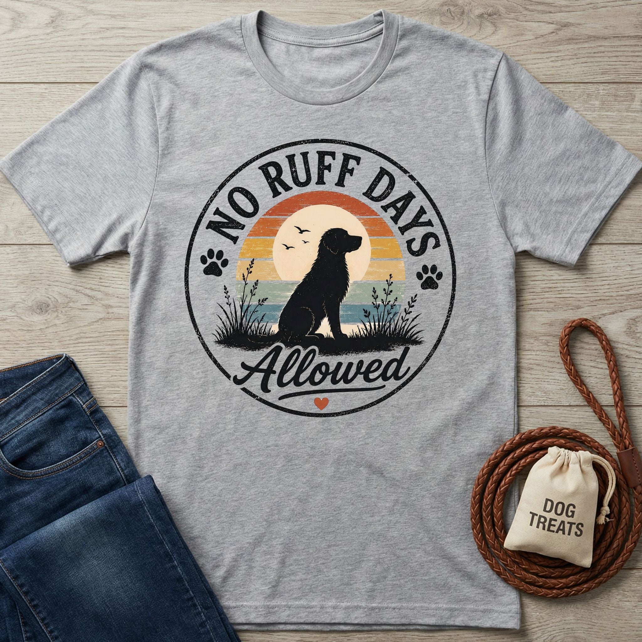 Grey crewneck t-shirt featuring a retro sunset graphic with a dog silhouette and the text No Ruff Days Allowed.