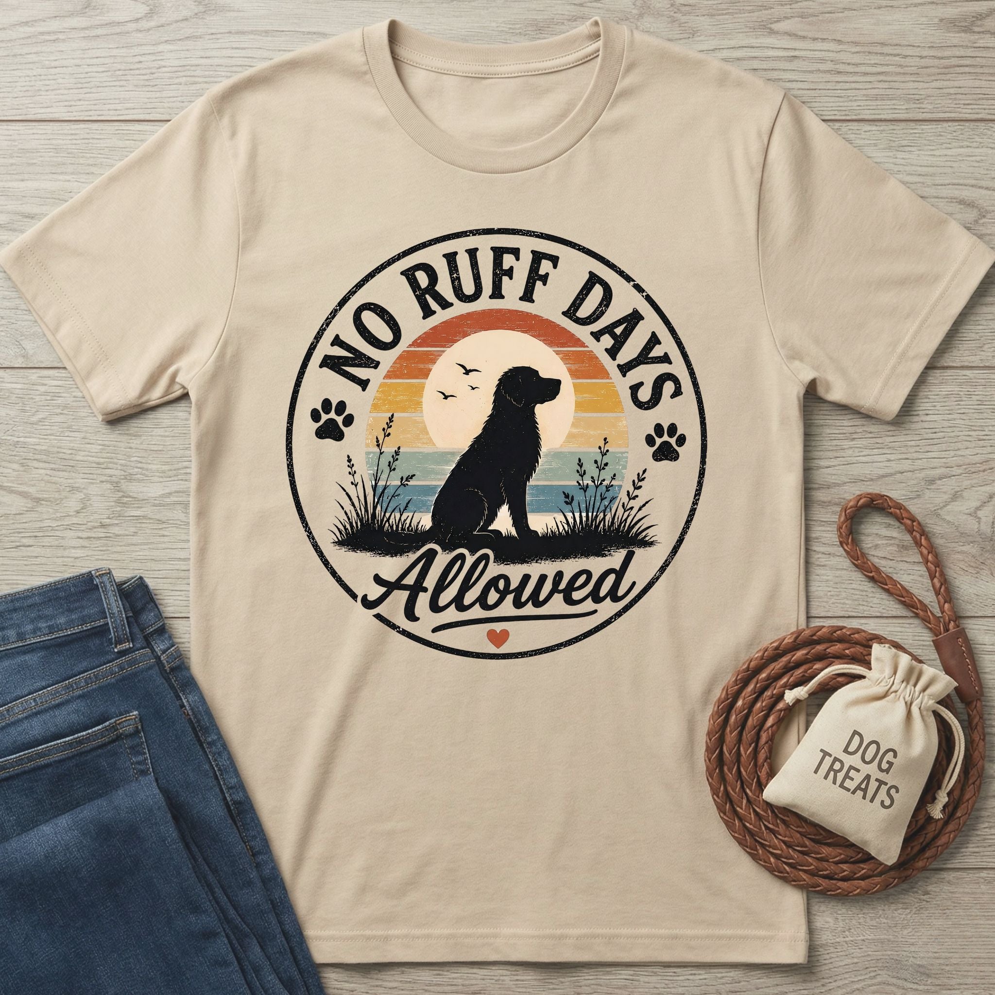 Beige cotton t-shirt featuring a retro sunset graphic with a dog silhouette and the text No Ruff Days Allowed.
