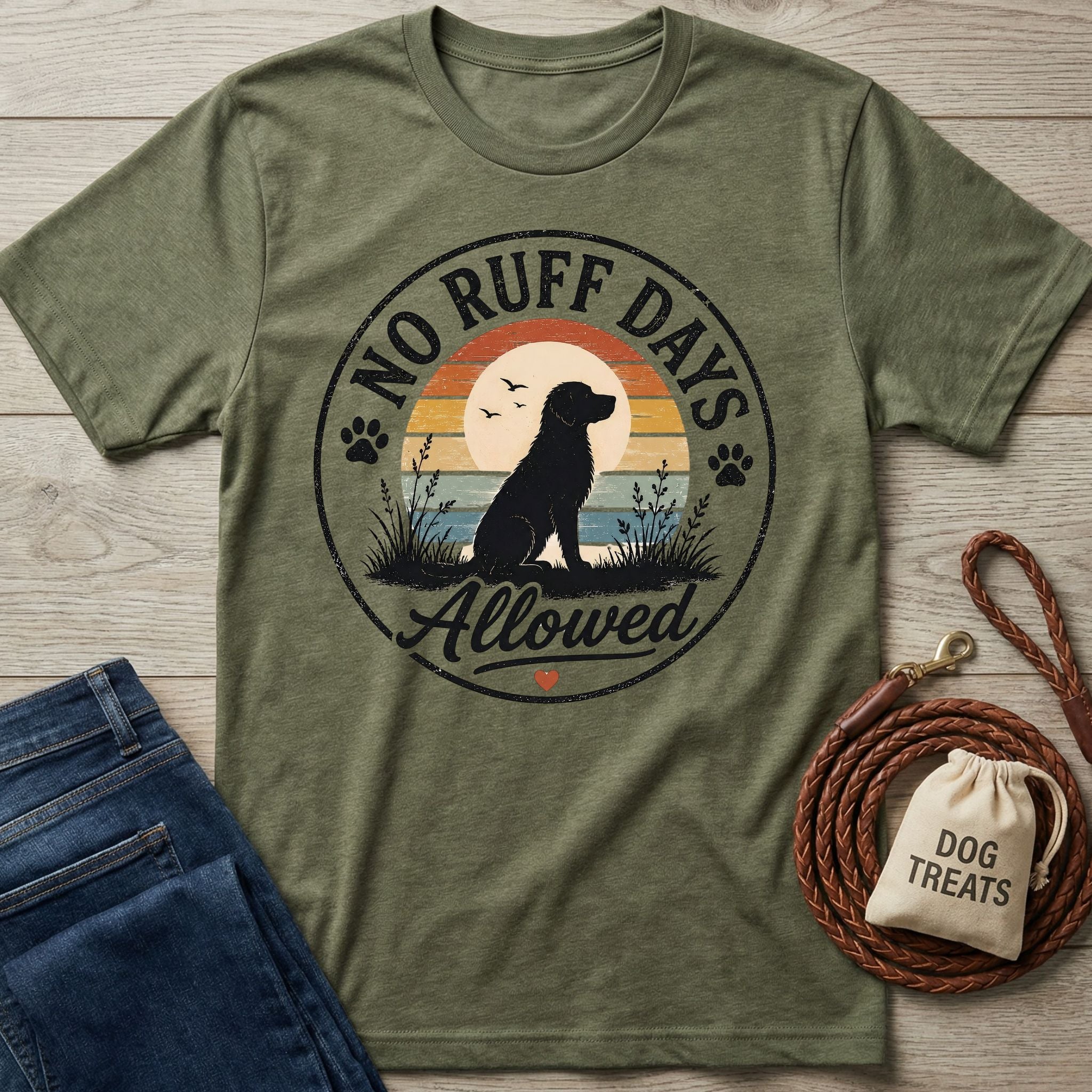 Olive green crewneck t-shirt featuring a retro sunset graphic with a dog silhouette and No Ruff Days Allowed text.