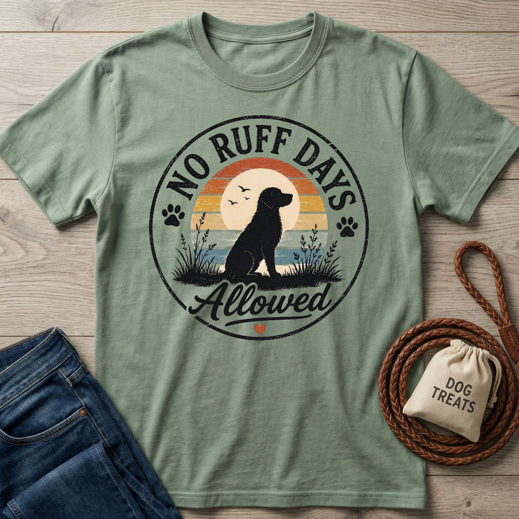 Sage green cotton t-shirt featuring a retro sunset graphic with a dog silhouette and the text No Ruff Days Allowed.