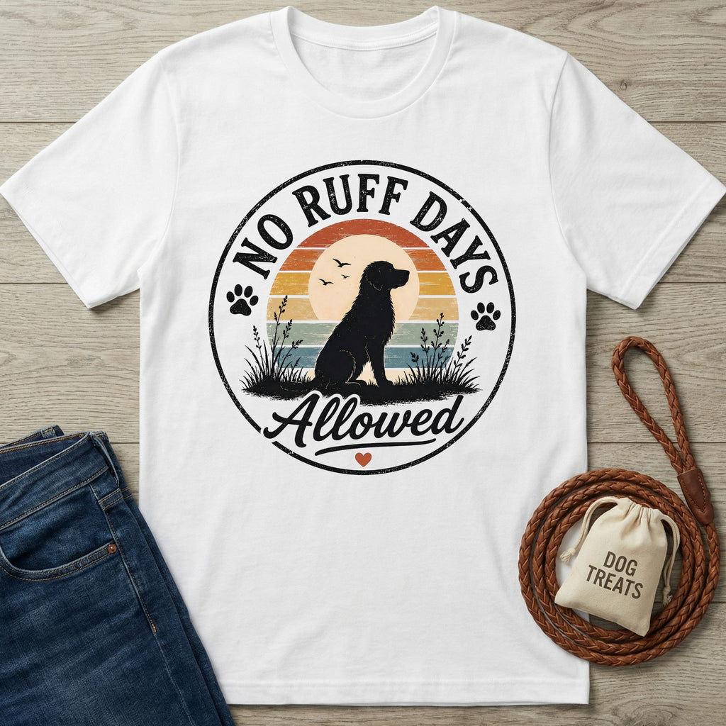 White cotton t-shirt featuring a retro sunset graphic with a dog silhouette and No Ruff Days Allowed text.