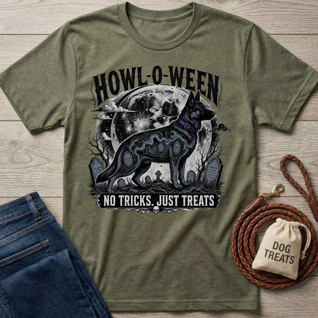 Olive green crewneck t-shirt featuring a spooky Howl-O-Ween graphic with a German Shepherd, full moon, and tombstones.