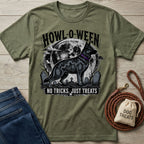 Olive green crewneck t-shirt featuring a spooky Howl-O-Ween graphic with a German Shepherd, full moon, and tombstones.