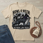 Beige crewneck t-shirt featuring a black German Shepherd, full moon, and graveyard graphic with Howl-o-ween text.