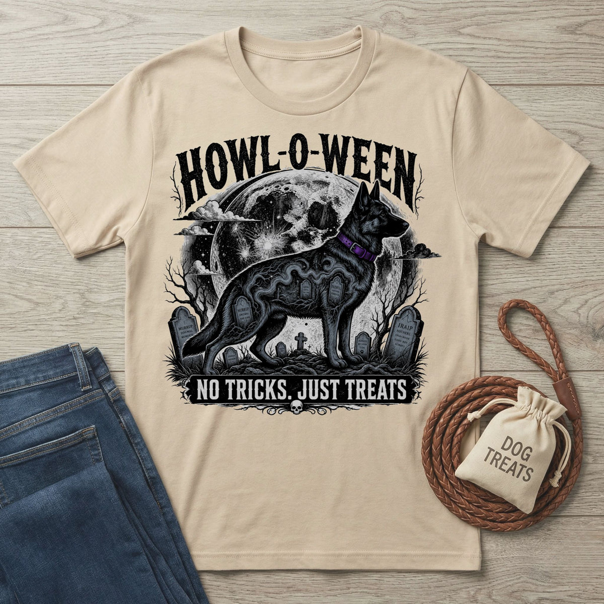 Beige crewneck t-shirt featuring a black German Shepherd, full moon, and graveyard graphic with Howl-o-ween text.