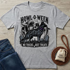 Grey crewneck t-shirt featuring a spooky German Shepherd graphic, a full moon, tombstones, and the text Howl-o-ween No Tricks Just Treats.